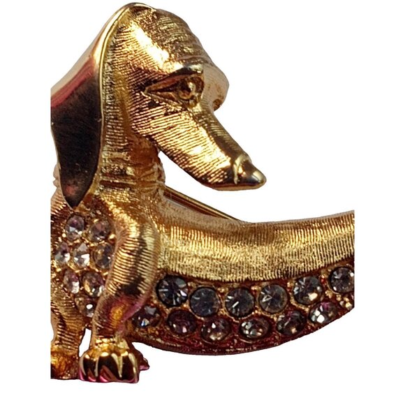 Vintage Gold Dachshund Brooch Wiener Dog Lovers Rhinestone Pin Puppy Expressions - Picture 2 of 7